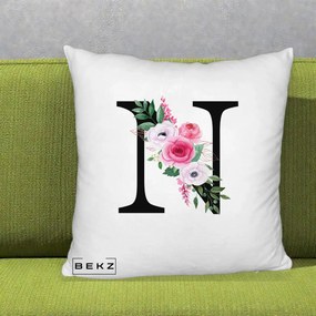 Cadou Personalizat - Perna Personalizata Monograma Florala Litera N, 40x40 cm, Alb Pufos, Husa Detasabila, Perna Inclusa, BEKZ®