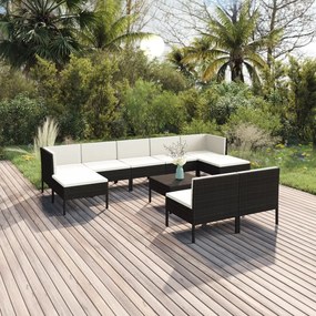 3094552 vidaXL Set mobilier de grădină cu perne, 10 piese, negru, poliratan