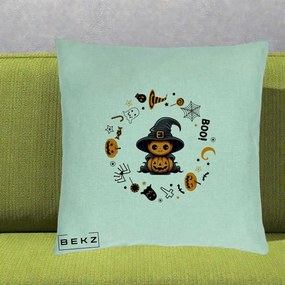 Perna Decorativa Halloween Dovleac Vrajitor Boo cu Simboluri, 40x40 cm, Verde Menta, Husa Detasabila, Perna Inclusa, BEKZ®