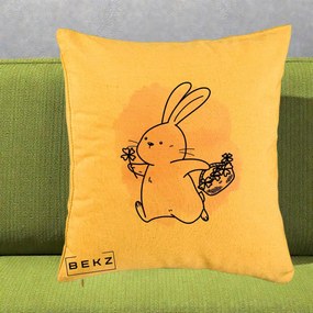 Perna Decorativa Iepuras Kawaii cu Cosulet Floral, 40x40 cm, Galben, Husa Detasabila, Perna Inclusa, BEKZ®