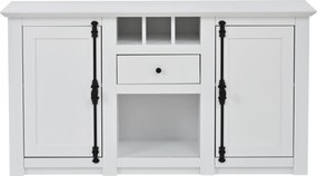 Bufet modern cu 2 uși, 1 sertar, spațiu semideschis de depozitare și 3 rafturi pentru vin, 130x35x70 cm, Alb