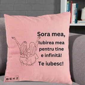 Cadou pentru Sora - Perna Personalizata Sora Mea Te Iubesc Line Art Doua Fete cu Brate Ridicate, 40x40 cm, Roz, Husa Detasabila, Perna Inclusa, BEKZ®