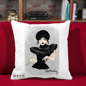 Perna Personalizata Wednesday Addams Portret Gotic, 40x40 cm, Alba Mata, Husa Detasabila, Perna Inclusa, BEKZ®
