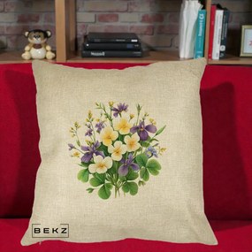 Perna Decorativa Viorele Iris Violet si Trifoi, 40x40 cm, Crem, Husa Detasabila, Perna Inclusa, BEKZ®
