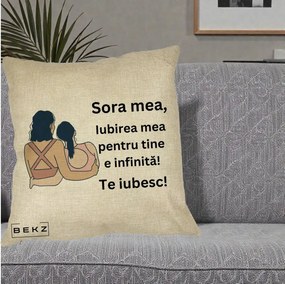 Cadou pentru Sora - Perna Personalizata Sora Mea Te Iubesc Doua Fete Fashioniste Line Art, 40x40 cm, Crem, Husa Detasabila, Perna Inclusa, BEKZ®