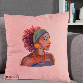Perna Decorativa Portret Femeie Urbana Acuarela, 40x40 cm, Roz, Husa Detasabila, Perna Inclusa, BEKZ®