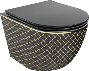 Mexen Lena vas wc Rimless cu capac cu închidere lentă slim, duroplast, negru mat/pattern auriu tip grilă - 30224079