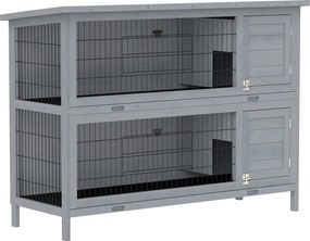 PawHut Cușcă pentru iepuri din lemn cu 2 etaje, acoperiș asfaltat, tavă de podea, uși pentru animale mici, 136,4 x 50 x 93 cm, Gri | Aosom Romania