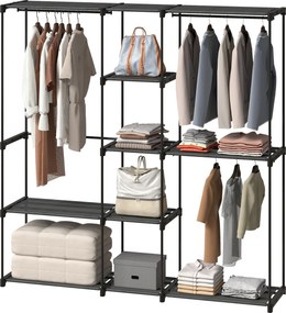HOMCOM Dulap Garderobă din Material Textil cu 8 Rafturi și 3 Bare pentru Agățat, 182x43x185 cm, Negru | Aosom Romania