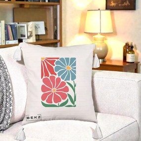 Perna Decorativa Flori Grafice Rosu-Albastru, 40x40 cm, Bej cu Franjuri, Husa Detasabila, Perna Inclusa, BEKZ®