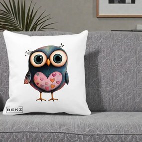 Perna Decorativa Bufnita cu Inimioare Roz, 40x40 cm, Alba Mata, Husa Detasabila, Perna Inclusa, BEKZ®