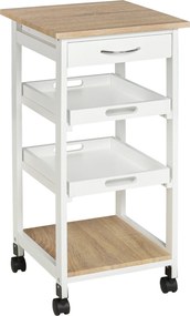 HOMCOM Căruț de servire căruță de bucătărie pe roți 2 tavane detașabile, sertar, raft stejar deschis lemn de pin alb | Aosom Romania