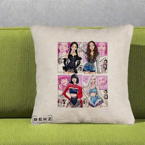 Perna Personalizata K-pop BLACKPINK Fanart Manga Benzi Desenate 4 Membre, 40x40 cm, Bej Canapea, Husa Detasabila, Perna Inclusa, BEKZ®