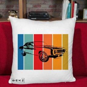 Perna Personalizata Masina Retro Muscle Car Grafic, 40x40 cm, Alb Pufos, Husa Detasabila, Perna Inclusa, BEKZ®
