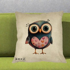 Perna Decorativa Bufnita cu Inimioare Roz, 40x40 cm, Crem, Husa Detasabila, Perna Inclusa, BEKZ®