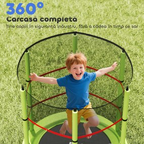 HOMCOM Saltea Elastică pentru Copii 3-6 Ani cu Plasă de Protecție, 6 Stâlpi și 3 Intrări, Ø140x190 cm, Verde | Aosom Romania