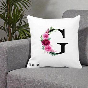 Cadou Personalizat - Perna Personalizata Monograma Florala Litera G, 40x40 cm, Alba Mata, Husa Detasabila, Perna Inclusa, BEKZ®