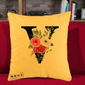 Cadou Personalizat - Perna Personalizata Monograma Florala Litera V cu Buchet, 40x40 cm, Galben, Husa Detasabila, Perna Inclusa, BEKZ®