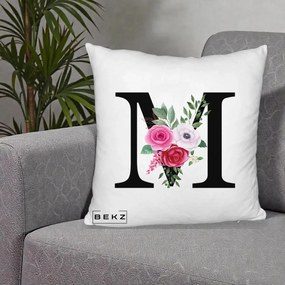 Cadou Personalizat - Perna Personalizata Monograma Florala Litera M cu Trandafiri si Anemona, 40x40 cm, Alb Pufos, Husa Detasabila, Perna Inclusa, BEKZ®