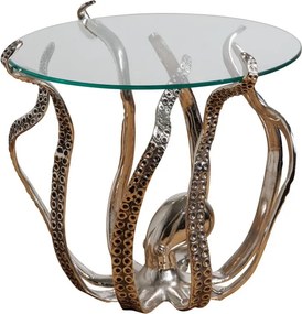 Măsuță laterală sculptată rotundă din aluminiu și sticlă, argintiu, cu bază în formă de caracatiță, 53 x 53 cm, „Octopus”