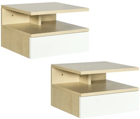 HOMCOM Set de 2 Noptiere Suspendate cu Sertar și Poliță Superioară, Noptiere Moderne din Lemn, 35x32x22.5 cm, Lemn Natural | Aosom Romania