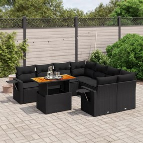 3271678 vidaXL Set mobilier de grădină cu perne, 9 piese, negru, poliratan