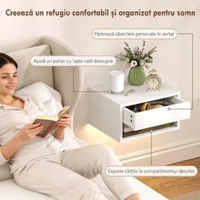 HOMCOM Set 2 Noptiere Suspendate cu LED RGB Integrat și Reglabil prin Aplicație, Sertar și Raft, 37x32x21 cm, Alb | Aosom Romania