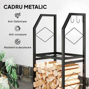Outsunny Suport de Lemne din Oțel pe 2 Nivele cu 3 Cârlige Laterale 41x30x81cm Negru | Aosom Romania