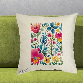 Perna Decorativa Gradina Florala Acuarela Colorata, 40x40 cm, Ecru, Husa Detasabila, Perna Inclusa, BEKZ®