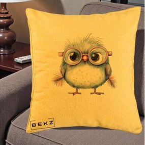 Perna Decorativa Pui Pufos cu Ochelari Roz, 40x40 cm, Galben, Husa Detasabila, Perna Inclusa, BEKZ®