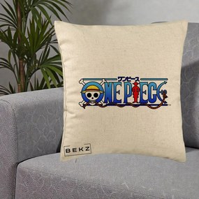 Perna Personalizata One Piece Clasic Albastru, 40x40 cm, Bej, Husa Detasabila, Perna Inclusa, BEKZ®