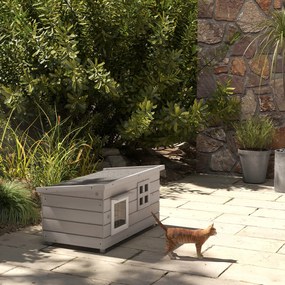 Casa din lemn pentru pisici Pawhut, Canisa de adapost ridicata pentru pisici, Casuta de joaca pentru animale de companie, cu acoperis de asfalt, Cortina din PVC, Fereastra, 87 x 52 x 48 cm, Gri | Aosom Romania