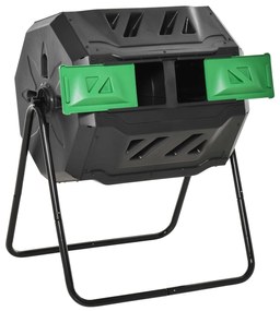 Outsunny Compostor cu 2 Behăuri, Capacitate de 160L, rotativ, 71cm x 65cm x 96cm, Verde + Negru | Aosom Romania