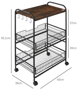 HOMCOM Cărucior Auxiliar cu Roți de 3 Nivele Cărucior de Bucătărie cu 2 Coșuri și 4 Cârlige 60x38x85,5 cm Maro Rustic | Aosom Romania