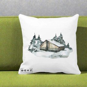 Perna Decorativa Cabana de Iarna in Padure, 40x40 cm, Alba Mata, Husa Detasabila, Perna Inclusa, BEKZ®