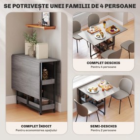HOMCOM Masă Pliabilă cu 2 Blaturi Rabatabile pentru 4 Persoane cu 2 Rafturi Deschise, Gri | Aosom Romania