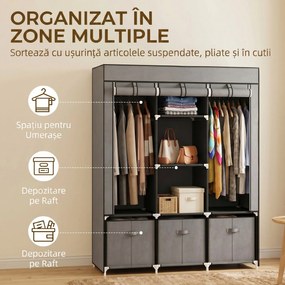 HOMCOM Șifonier din Pânză, Garderob Pliabil cu Rafturi și Sertare, Uși care se Rulează cu Fermoar, 125x43x162.5 cm, Gri | Aosom Romania