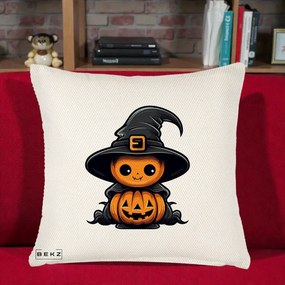 Perna Decorativa Halloween Dovleac Vrajitor Kawaii, 40x40 cm, Crem Reliefat, Husa Detasabila, Perna Inclusa, BEKZ®