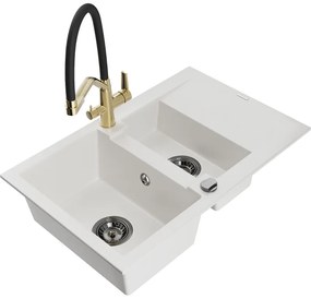 Mexen Gaspar Chiuvetă de granit de 1,5 compartiment cu picurător și baterie de bucătărie Duo, Albă - 6507-20-671701-57-B