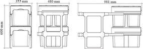 Cos gunoi incorporabil Ecomax Tandem Short 40, colectare selectiva, gri, 1 x 34 l + 2 x 12 l Polipropilena Metal, 400 mm, Gri, L:355 mm; A:480 mm;