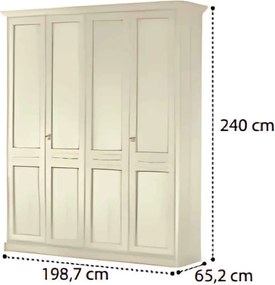 Dulap lemn masiv crem 4 Uși Bologna Patinat, 199 × 65 × 240 cm - Cu patru usi cu oglinzi