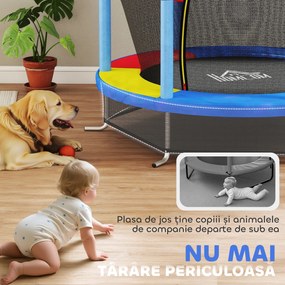 HOMCOM Saltea Elastică pentru Copii 3-6 Ani cu Plasă de Protecție, 6 Stâlpi și 3 Intrări, Ø140x190 cm, Multicolor | Aosom Romania