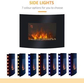 HOMCOM Șemineu Electric de Perete 900/1800W Încălzire cu Efect de Flacără 3D Reglabil, Șemineu Electric cu Lumină LED în 7 Culori, Telecomandă, Temporizator și Termostat, 30 m², Negru | Aosom Romania