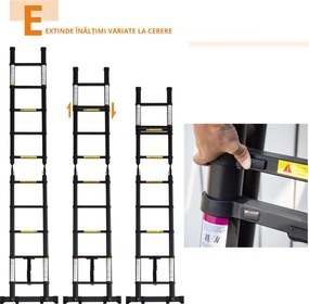 DURHAND Scară Telescopică Pliabilă cu 10 Trepte, Scară Extensibilă din Aluminiu și Metal, 320x67x7 cm, Neagră | Aosom Romania