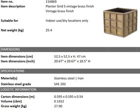 Ghiveci, Vas decorativ din otel inoxidabil Grid S alama vintage