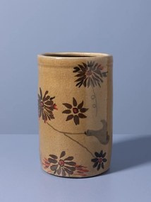Borcan din ceramică artizanală natur cu capac, motive florale și păsări pictate manual, maro și roșu, 22,5 × 13,5 cm, „Campana"
