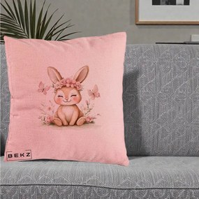 Perna Decorativa Iepuras cu Coronita Florala Roz, 40x40 cm, Roz, Husa Detasabila, Perna Inclusa, BEKZ®