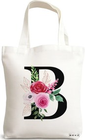 Sacosa de Panza pentru Cumparaturi, Geanta Tote, Cu litera B si Trandafiri, 38x34.5 cm, Alba, BEKZ®