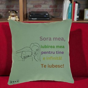 Cadou pentru Sora - Perna Personalizata Sora Mea Te Iubesc Line Art Fete Colorate Brate Ridicate, 40x40 cm, Verde, Husa Detasabila, Perna Inclusa, BEKZ®