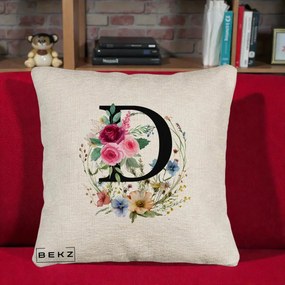 Cadou Personalizat - Perna Personalizata Monogram Litera D cu Flori Acuarela, 40x40 cm, Bej Canapea, Husa Detasabila, Perna Inclusa, BEKZ®